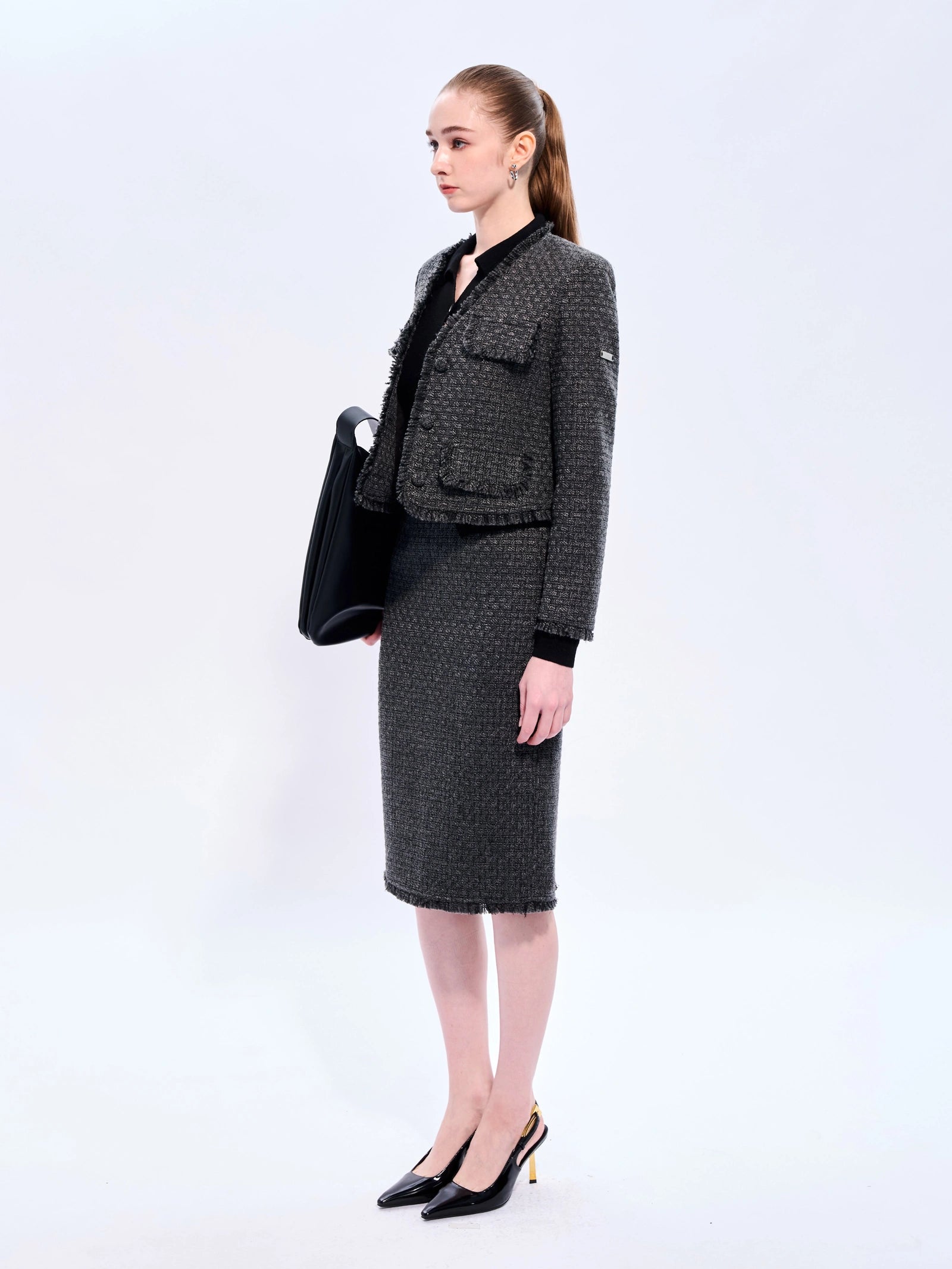 Grey Fringe Tweed Skirt