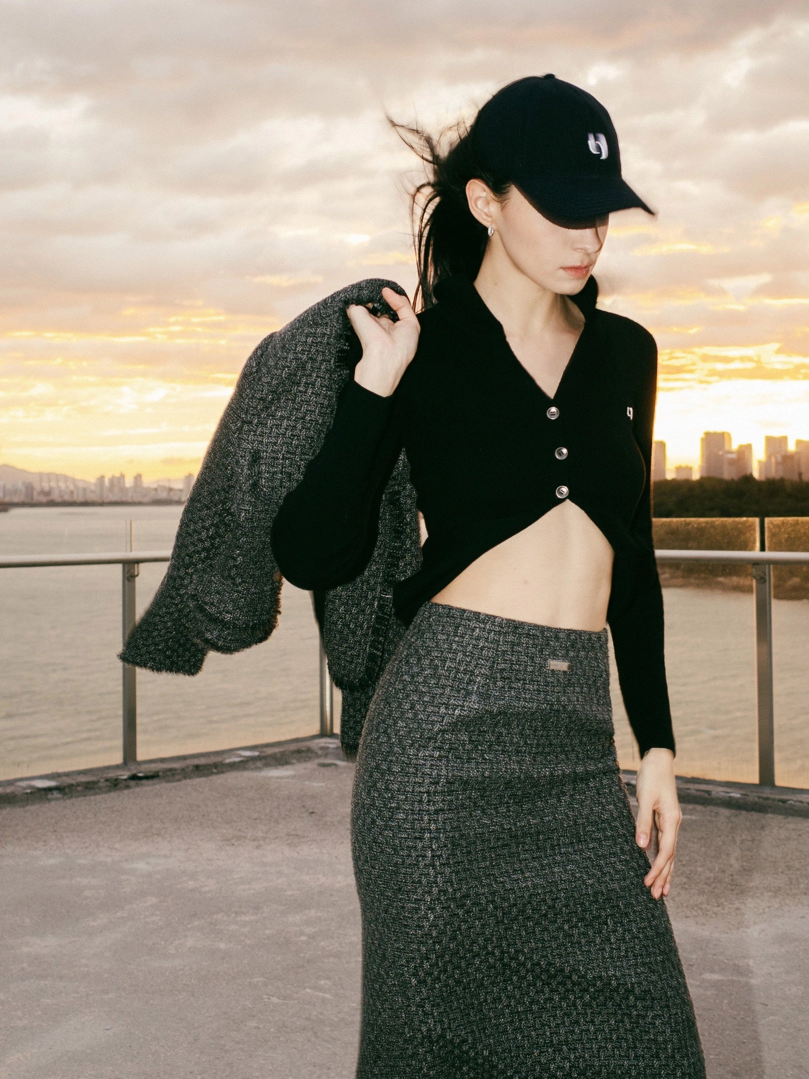 Grey Fringe Tweed Skirt