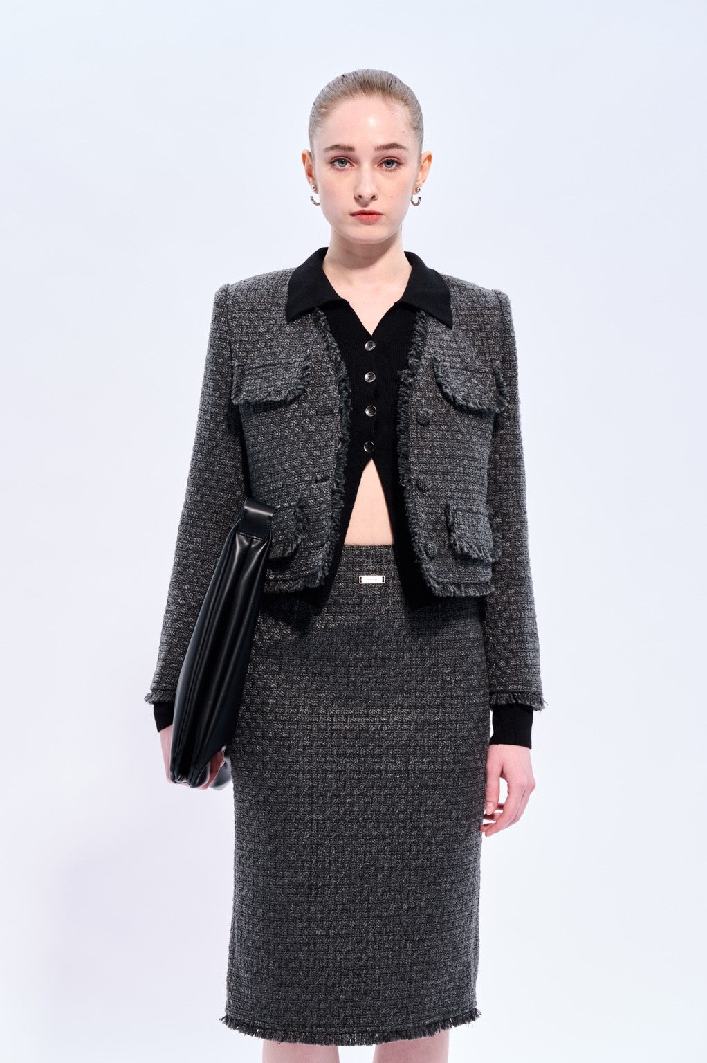 Grey Fringe Tweed Skirt